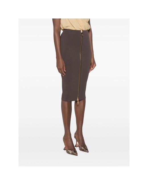 Elisabetta Franchi Brown Front-Zip Pencil Midi Skirt