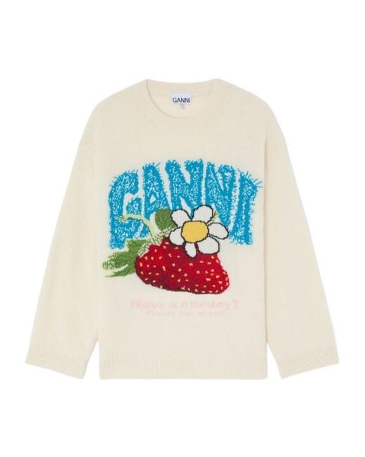 Ganni White Strawberry Oversized Jumper