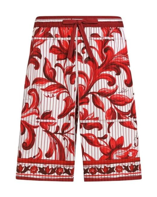 Dolce & Gabbana Red Majolica-Print Striped Poplin Vanity Bermudas for men