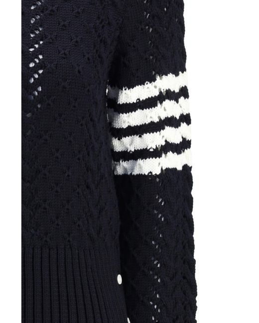 Thom Browne Blue Pointelle Stripe Detailed Knitted Jumper