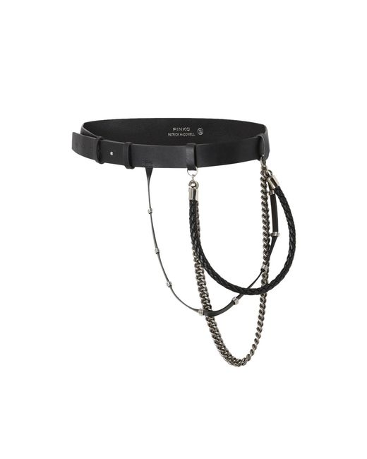 Pinko Black Leather Belt With Chains And Straps, 3 Cm
