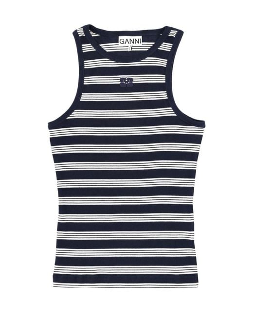 Ganni Blue Sleeveless Striped Ribbed Tank Top
