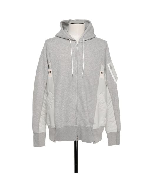 Sacai Gray Panelled Zip-Up Hoodie for men
