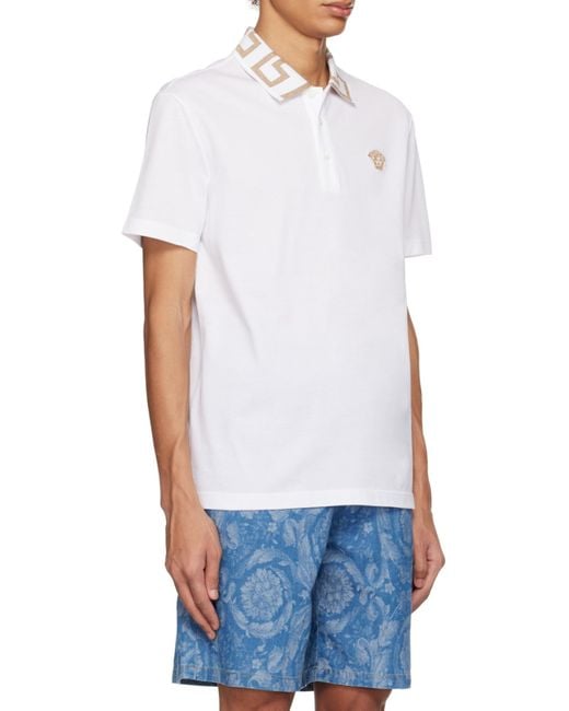 Versace White Greca Short-Sleeved Straight Hem Polo Shirt for men