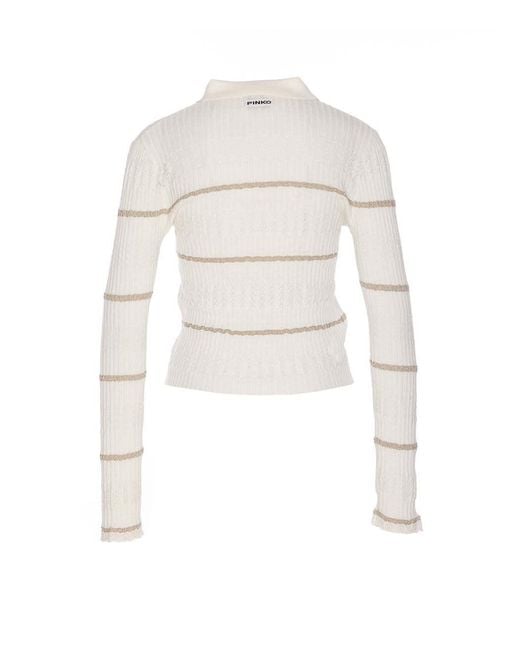Pinko White Metallic Stripe Long-Sleeved Polo Shirt