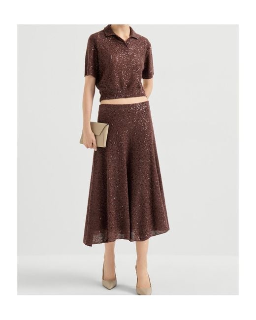 Brunello Cucinelli Brown Sequin Embellished Polo Top