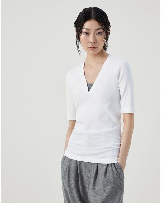 Brunello Cucinelli White Monili Chain-Embellished V-Neck T-Shirt