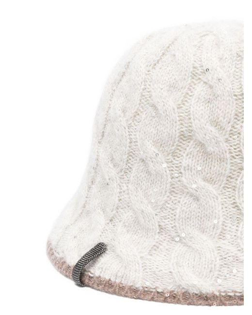 Brunello Cucinelli White Cable-Knit Sequined Bucket Hat