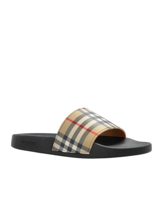 Burberry White Checked Open Toe Slides