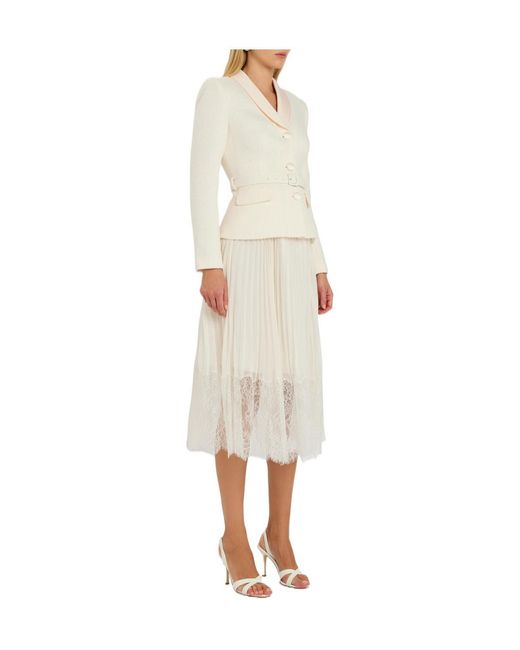 Self-Portrait White Tailored Belted Bouclé And Chiffon Midi Dress