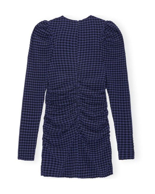 Ganni Blue Gingham Printed Crewneck Seersucker Mini Dress