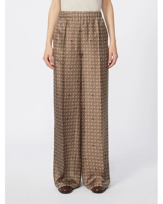 Max Mara Brown Silk Twill Printed Wide-Leg Trousers