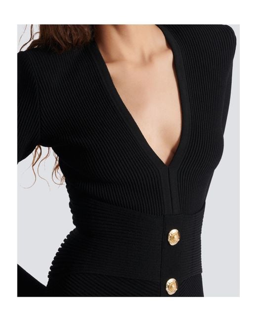 Balmain Black V-Neck Ribbed Long-Sleeved Dress