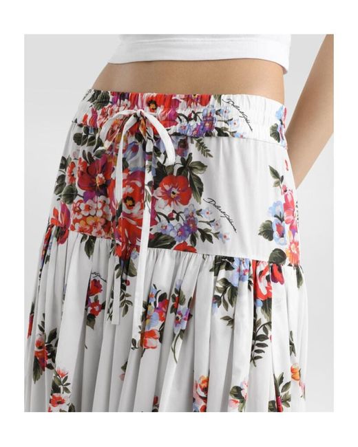Dolce & Gabbana White Floral Printed Drawstring Skirt