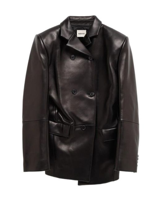 Khaite Black Double-Breasted Leather Blazer
