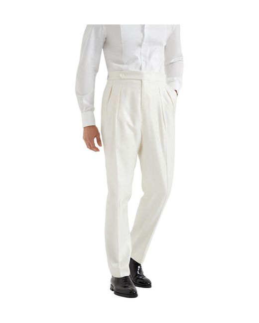 Brunello Cucinelli White Pleat-Detail Tuxedo Trousers for men