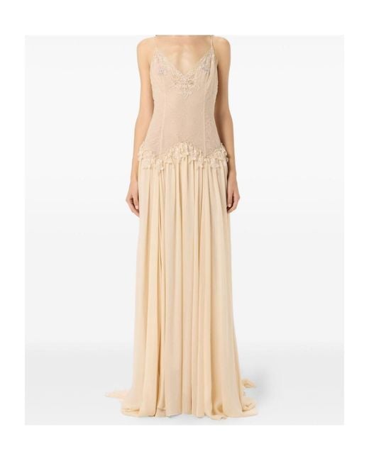 Blumarine White Chantilly Lace And Georgette Long Dress