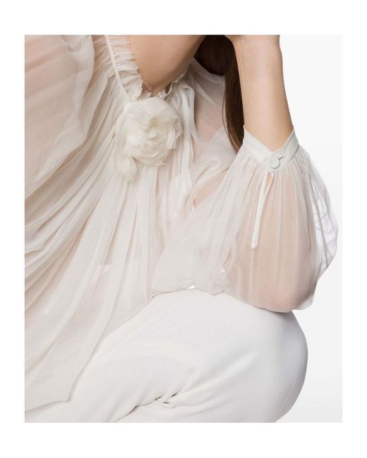 Alberta Ferretti White Balloon-Sleeve Satin Blouse