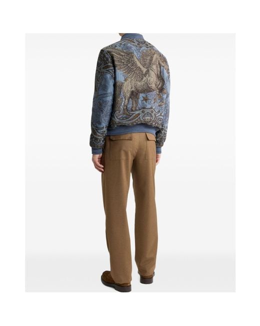 Etro Blue Wool-Blend Jacquard Bomber Jacket With Placed Pegaso Motif for men