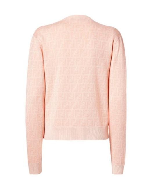 Fendi Pink Ff Jacquard Crewneck Buttoned Cardigan