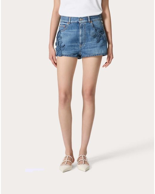 Valentino Blue Floral-Appliqué Straight Hem Denim Shorts
