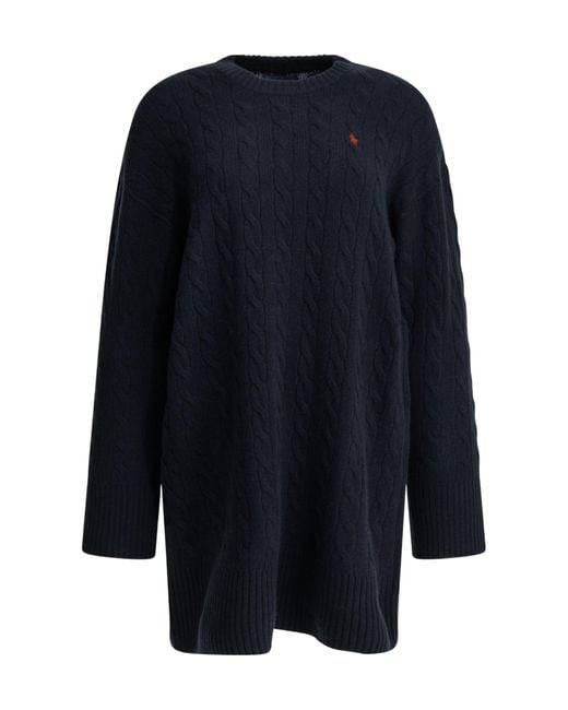 Polo Ralph Lauren Blue Cable-Knit Embroidered-Logo Mini Dress