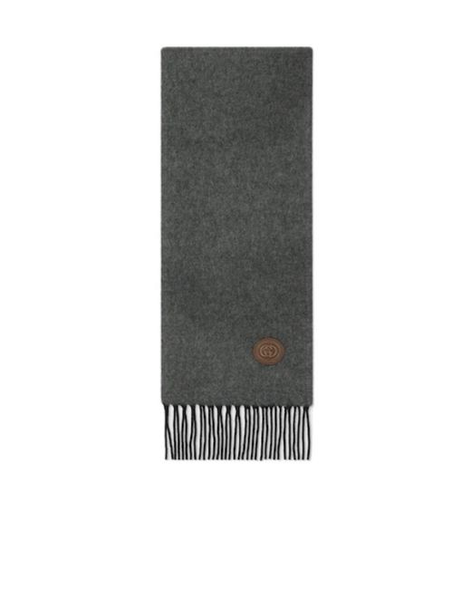 Gucci Gray Logo Patch Fringed Scarf for men