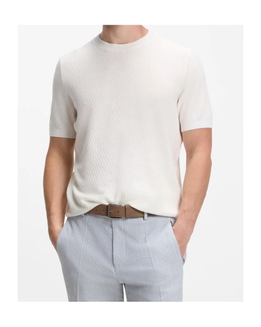 Boss White Short-Sleeved Sweater With Knitted Structure for men