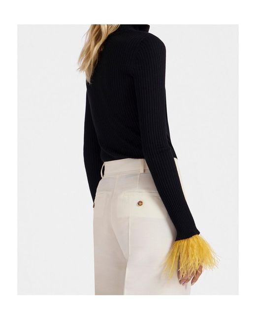 LaDoubleJ Black Feather-Cuff Ribbed-Knit Jumper