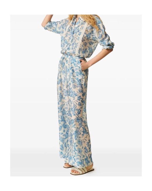Twinset Blue Floral-Print Palazzo Trousers
