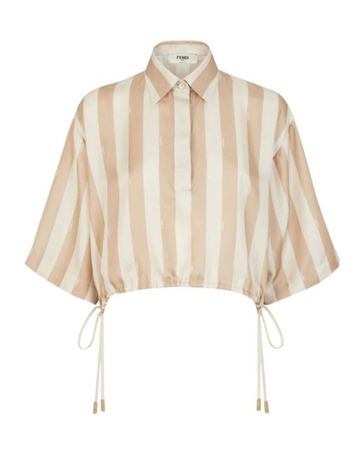 Fendi Natural Striped Drawstring Hem Cropped Shirt