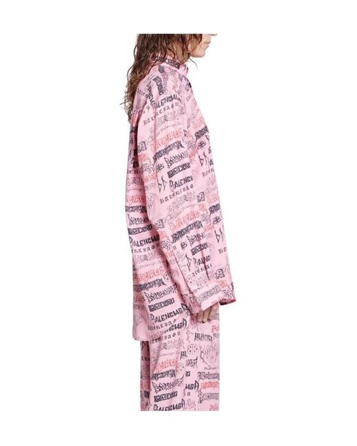 Balenciaga Pink Allover Logo Printed Oversized Shirt