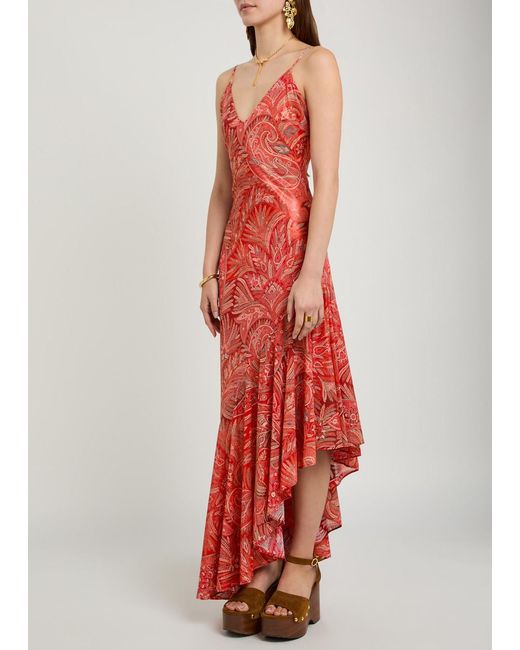 Etro Red Printed Asymmetric Chiffon Maxi Dress