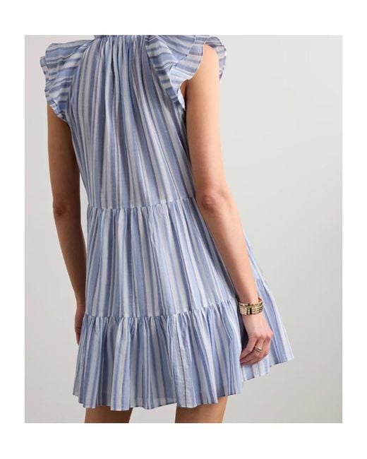 Veronica Beard Blue Zee Tiered Striped Cotton Mini Dress