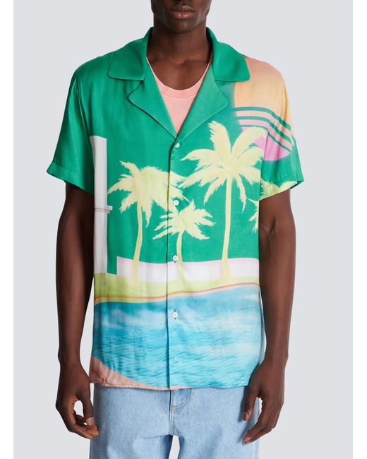 Balmain Blue Palm Printed Short-Sleeve Twill Shirt for men