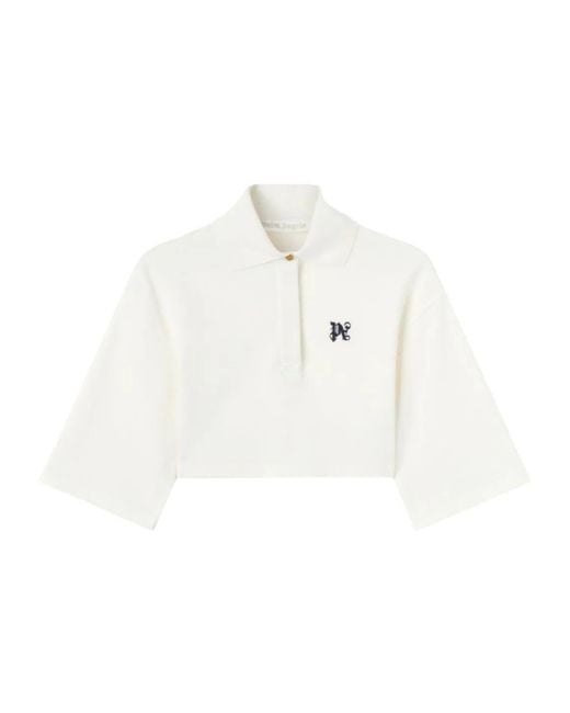 Palm Angels White Monogram Embroidered Cropped Polo Shirt