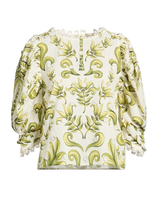 Farm Rio Metallic Floral Print Three-Quarter Sleeve Top