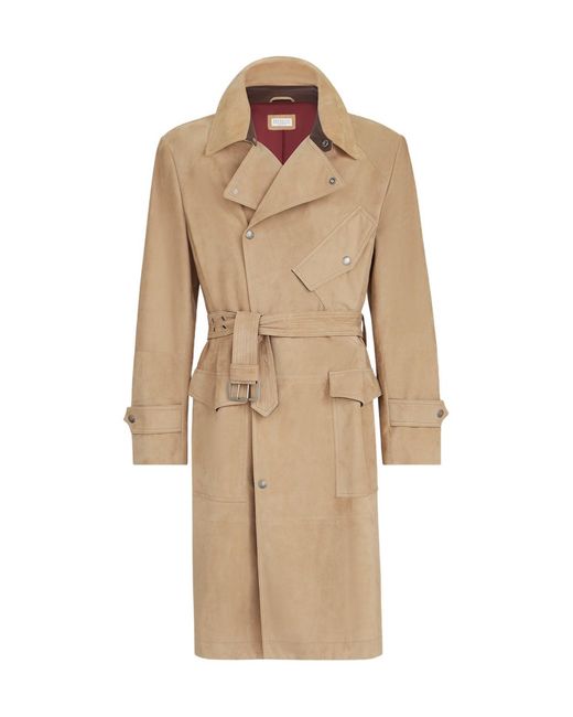 Brunello Cucinelli Natural Suede Motorcyle Trench With Nappa Leather Inserts for men
