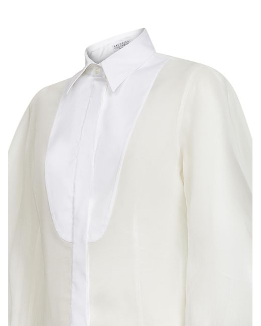 Brunello Cucinelli White Puff-Sleeved Panelled Shirt