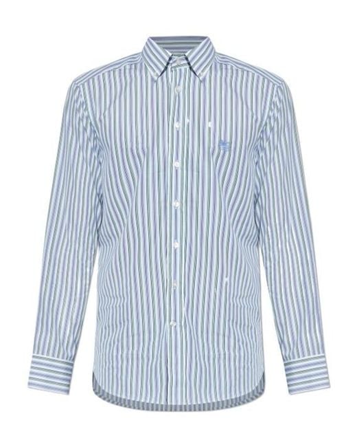 Etro Blue Pegaso Embroidered Striped Shirt for men