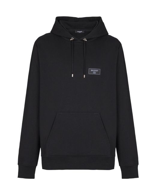 Balmain Black Logo Patch Drawstring Hoodie for men