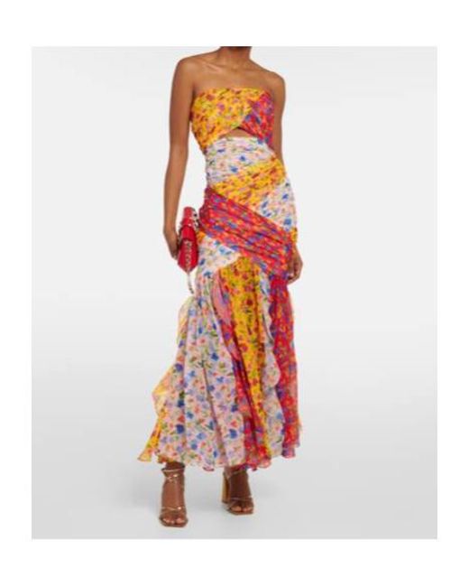 Carolina Herrera Red Strapless Floral Print Maxi Dress