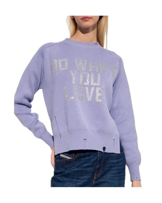 Golden Goose Deluxe Brand Purple Pastel Lilac Round-Neck Journey Collection Pullover With Distressed Finish And-Colored Lettering