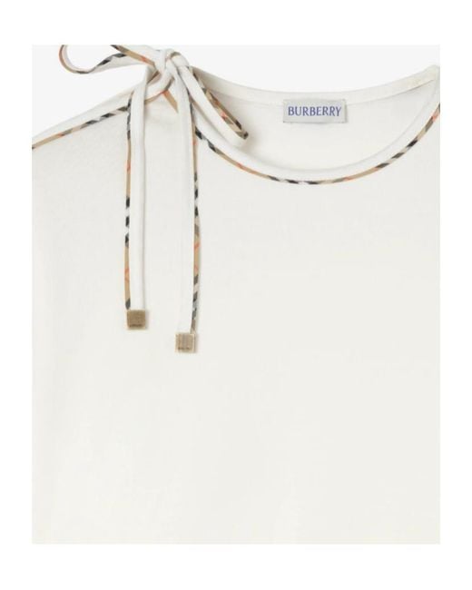 Burberry White Tie-Sleeve Check Trim T-Shirt