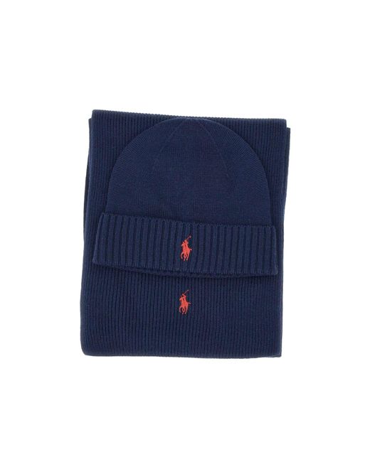 Ralph Lauren Blue Polo Pony-Motif Scarf And Beanie Set for men