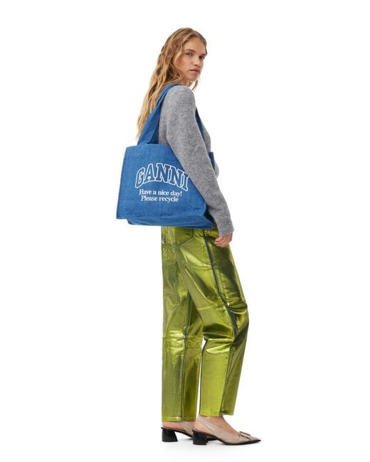 Ganni Blue Logo Embroidered Denim Tote Bag