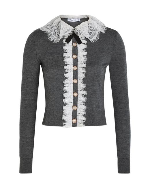 Self-Portrait Black Lace-Trim Wool Cardigan