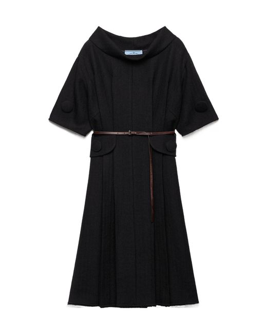 Prada Black Short-Sleeve Chevron Wool Dress With Belt