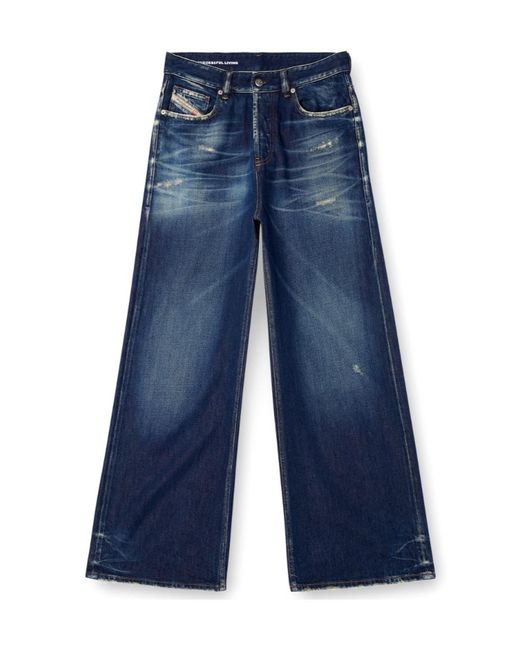 DIESEL Blue Frayed Wide-Leg Jeans