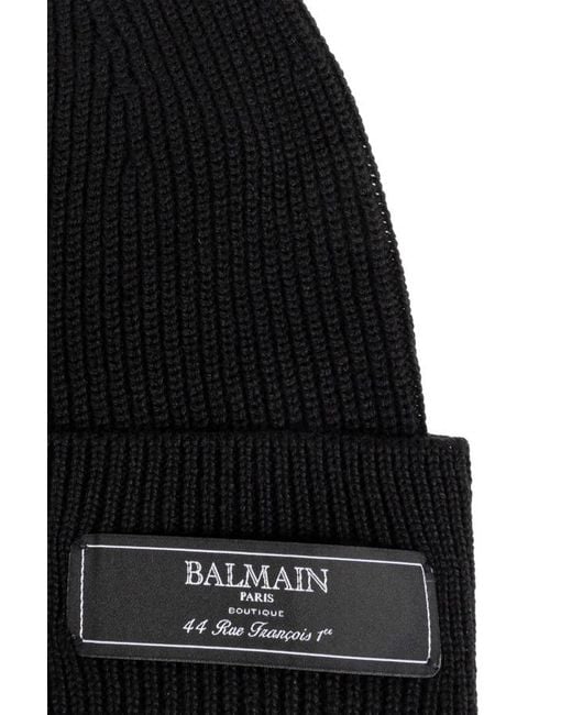 Balmain Black Logo-Patch Ribbed Beanie Hat for men